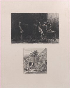 Gebet oben, Wagen vor einem Haus unten, 1845