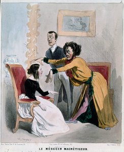 Serie „Kranke und Ärzte“: der Magnetiseur. Karikatur eines Hypnotiseurs während der Hypnose eines Patienten. Gravur von Charles Jacques von Charles Emile Jacque