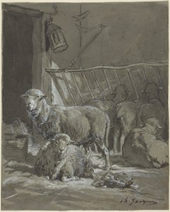 Schafe an einer Futterkrippe von Charles Emile Jacque