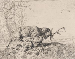 Hirsch kämpft mit einem Wolf, nach Antoine Louis Barye von Charles Emile Jacque