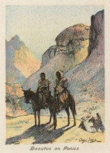 Südafrika: Basutos auf Ponys (Farblithografie)