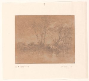 Landschaft mit trinkenden Kühen