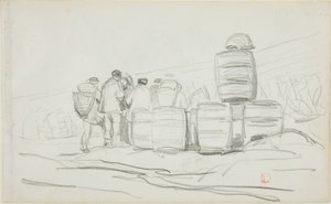 Studie einer Gruppe von Menschen mit Fässern (recto); Zwei Studien einer Frau beim Ährenlesen (verso)