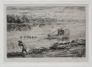 Die Bootsfahrt: Schiffsjunge zieht das Schleppseil oder Schleppen mit Seil von Charles Francois Daubigny