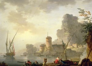 Eine Mittelmeerhafen-Szene bei Sonnenuntergang