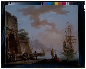 Ein Mittelmeerhafen mit Orientalen, die unter einem antiken römischen Bogen sprechen