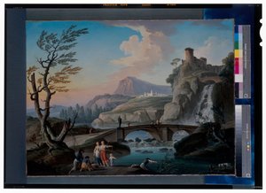 Eine Flusslandschaft mit Fischern, die ihre Netze einholen, eine felsige Landschaft und eine Fußbrücke dahinter