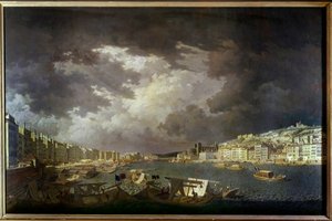 Ufer der Saone in Lyon. Links Handelsaktivitäten. Gemälde von Charles Francois Nivard (1739-1821) 1804 von Charles François Nivard