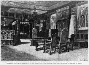 Heime von Victor Hugo, die Lounge im Hauteville-Haus in Guernsey, der Sessel des Vorfahren, graviert von Fortune Louis Meaulle (1844-1901) von Charles Gosselin