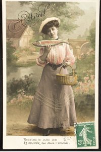 Alte Postkarte/Aprilfisch/Frau der Belle Époque