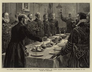 Die Eröffnung des Parlaments, Yeomen der Leibgarde Ihrer Majestät trinken auf die Gesundheit der Königin nach der Durchsuchung des Kellers des Parlamentsgebäudes von Charles J. Staniland