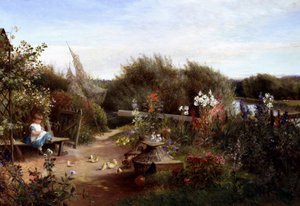 Im Garten. In einem Garten sitzt ein kleines Mädchen auf einer Bank und gibt Küken Samen. Gemälde von Charles James Lewis (1830-1892 Britisch) Privatsammlung von Charles James Lewis
