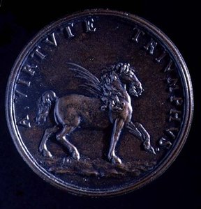 Porträtmedaille von Gian Lorenzo Bernini, Rückseite eines geflügelten Pferdes von Charles Jean Francois Cheron