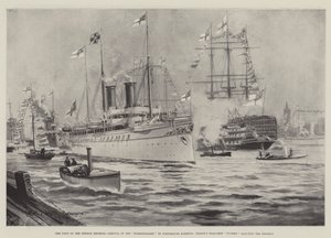 Der Besuch des deutschen Kaisers, Ankunft der Hohenzollern im Hafen von Portsmouth, Nelsons Flaggschiff Victory salutiert den Kaiser von Charles John de Lacy