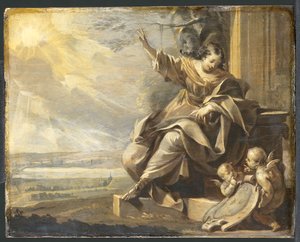 Sitzende weibliche Figur mit zwei Putten und Flusslandschaft, Grisaille von Charles Le Brun