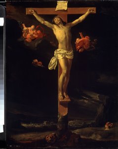Die Kreuzigung. Man kann die lateinische Inschrift auf dem Kreuz lesen: "His est iesus rex iudeorum" (Dies ist Jesus, der König der Juden). Gemälde von Charles Le Brun