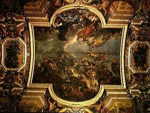 Ansicht des Königs, der Maastricht in dreizehn Tagen im Jahr 1673 einnimmt und den Rhein in Anwesenheit der Feinde im Jahr 1672 überquert, Deckenmalerei aus der Galerie des Glaces von Charles Le Brun