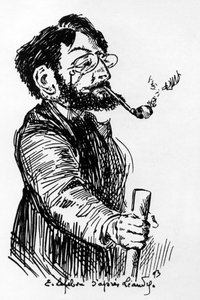 Henri Rivière (1864-1951) französischer Künstler und Designer (Schattenstück im Cabaret Le Chat Noir), Zeichnung von E. Lefebvre nach Leandre von Charles Leandre