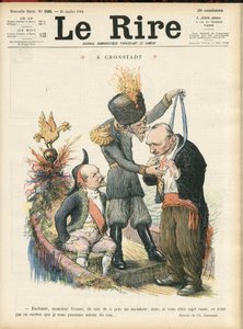 Illustration von Charles Leandre (1862-1934) für das Titelblatt von Le Lire, 25/07/14 - „Verzaubernder Monsieur Viviani, einen Sozialisten so nah zu sehen, aber wenn Sie ein russischer Untertan wären, wäre es nicht dieses Seil, das ich Ihnen anlegen würde. von Charles Leandre