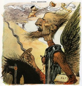 Paul Deroulede (1846-1914), französischer Schriftsteller und nationalistischer Aktivist, eine wichtige Figur im Antidreyfusismus, Karikatur von Charles Leandre als Ritter Don Quixote: Er kämpft gegen Windmühlen und trägt unter dem Arm einen Koffer mit der  von Charles Leandre