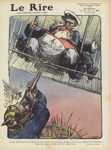 Satire, die den französischen Präsidenten Armand Fallieres zeigt, wie er mit Zar Nikolaus in einem Flugzeug fliegt