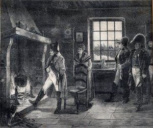 Kaiser Napoleon I. wärmt sich an einem Holzfeuer in einer Schneelandschaft - Napoleon nach der Schlacht von Waterloo im Jahr 1814 - Gravur nach dem Gemälde von Charles Louis Kratke (1848-1921) von Charles Louis Kratke