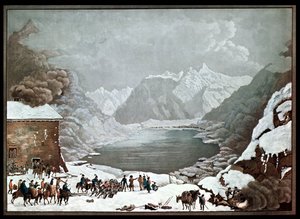 Napoleon Bonaparte (1769-1821) am St. Bernhard Pass Hospiz, 20. Mai 1800, graviert von Merou