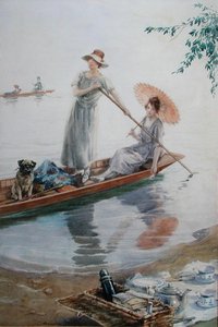 Zwei Mädchen mit ihrem Mops paddeln zurück zu ihrem Picknick