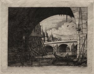 Radierungen von Paris: Ein Bogen der Notre-Dame-Brücke