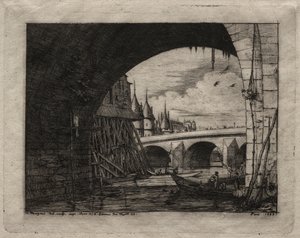 Radierungen von Paris: Ein Bogen der Notre Dame Brücke, 1853