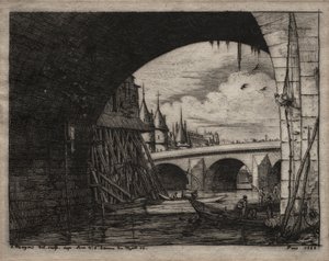 Radierungen von Paris: Ein Bogen der Notre-Dame-Brücke