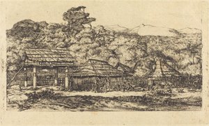 Einheimische Scheunen und Hütten in Akaroa, Banks-Halbinsel, 1845 von Charles Meryon