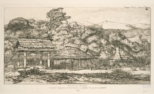 Einheimische Speicher und Behausungen in Akaroa, Banks-Halbinsel, Illustration aus 
