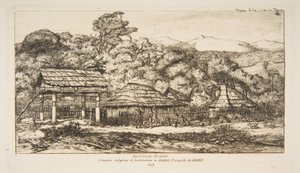 Einheimische Scheunen und Hütten in Akaroa auf der Banks-Halbinsel, 1845, aus „Die Reise nach Neuseeland (1842-46)“ von Charles Meryon
