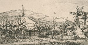 Neukaledonien, Nouvelle Calédonie: große indigene Hütte auf dem Spazierweg nach Poepo, Illustration aus "Etching of the Pacific...", 1863 von Charles Meryon