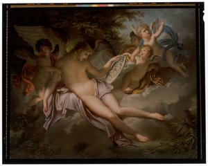 Amor weint über den Verlust von Psyche, deren Porträt er in den Händen hält