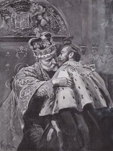 König Edward VII. umarmt seinen Sohn, den Prinzen von Wales, bei der Krönung des Königs, Westminster Abbey, London von Charles Mills (after) Sheldon
