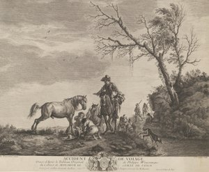 Ein Unfall beim Reisen, ein kniender Mann repariert einen gebrochenen Sattel, ein Pferd uriniert, 1740-50 von Charles Nicolas Cochin