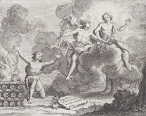 Apollo, Merkur und die Schäferinnen, Fabel X in La Motte, Fables Nouvelles, 1719 von Charles Nicolas Cochin