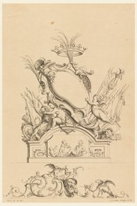 Entwurf für Kartusche mit Krone, zwei Putti, die Bacchus dienen, und zwei Löwen aus "Cartouches Nouvellement Inventez"