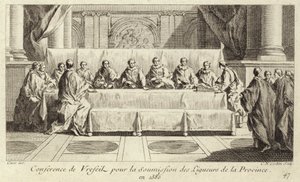 Konferenz zur Unterwerfung der Mitglieder der Katholischen Liga in Languedoc von Charles Nicolas II Cochin