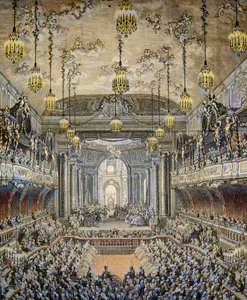 Darstellung der Ballettkomödie „La Princesse de Navarre“ in Versailles, anlässlich der Hochzeit von Louis Dauphin von Frankreich mit Marie Therese von Spanien (1726-1746) in Versailles am 23. Februar