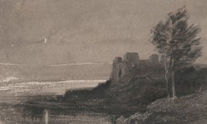 Ein Schloss am Wasser bei Mondlicht