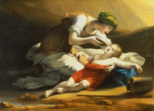 Hagar gibt Ismael Wasser aus dem wundersamen Brunnen in der Wüste