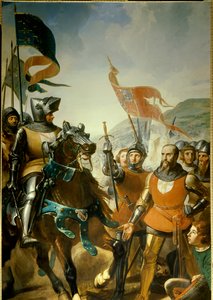 Hundertjähriger Krieg (1337-1453): Detail der „Schlacht von Cocherel, nahe Evreux, gewonnen von Bernard du Guesclin (1320-1380) gegen die Truppen des Königs von Navarra, am 16.05.1364“ Gemälde von Charles Philippe Lariviere (1798-1876) um 1837 von Charles Philippe Lariviere