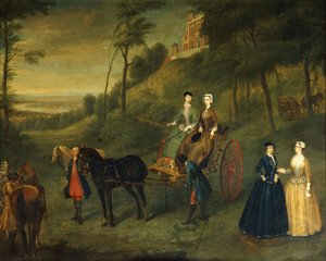 Damen und Ehrendamen im Greenwich Park: Eine Gruppenporträt von Juliana, Herzogin von Leeds, Lady Charlotte Hamilton, Lady Isabella Tufton und Henrietta, Gräfin von Pomfret, alle in Reitkleidung, mit Stallbursche und Pferden vor dem Observatorium, 173 von Charles Phillips