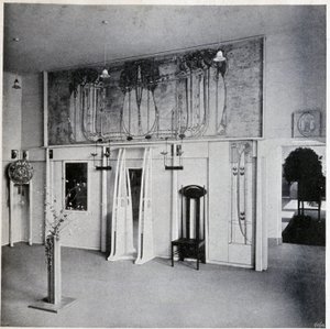 Innenansicht eines dekorativen Kunstsalons in Wien, um 1900 (Dekor und Möbel von Charles Rennie und Margaret MacDonald Mackintosh)