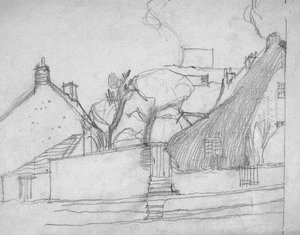 Skizze eines englischen Dorfes mit Strohdach im Vordergrund, ca. 1920