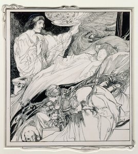 Dort lag sie, so schön aussehend, Illustration aus Briar Rose, Die wahren Annalen des Märchenlandes - Die Herrschaft von König Herla, veröffentlicht von J.M. Dent & Co. Ltd., 1900 von Charles Robinson