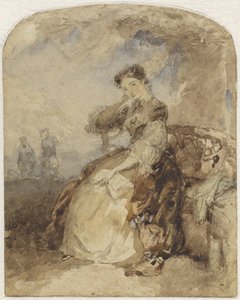 Dame sitzt auf einer Bank unter einem Baum, mit einem Buch in der Hand von Charles Rochussen